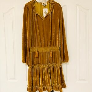 Luxurious Velvet Long Sleeve Dress in Gold mustard color